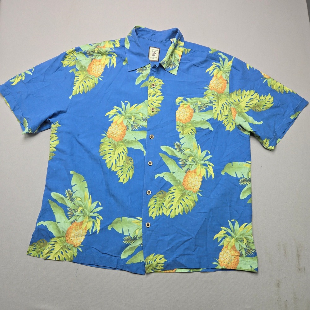 Jamaica Jaxx Silk Button Down Shirt Pineapple Tropical Print Blue Mens XL Summer